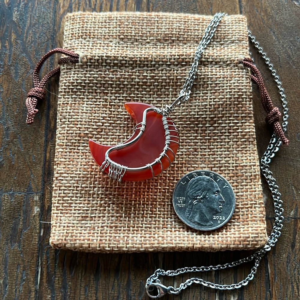 Carnelian Moon Necklace Red Moon Pendant with Stainless Steel Chain - Picture 3 of 3
